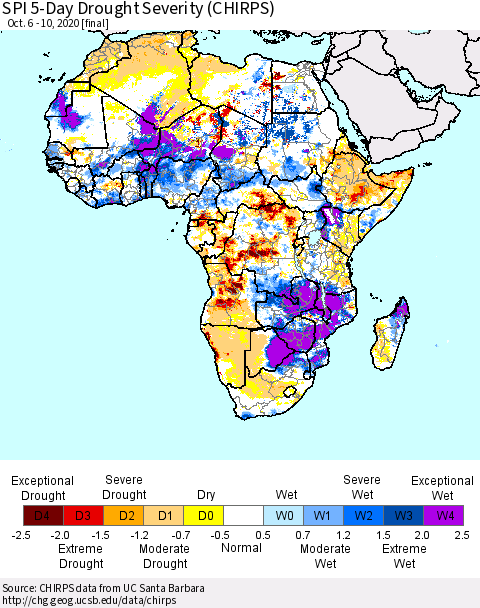 Africa SPI 5-Day Drought Severity (CHIRPS) Thematic Map For 10/6/2020 - 10/10/2020