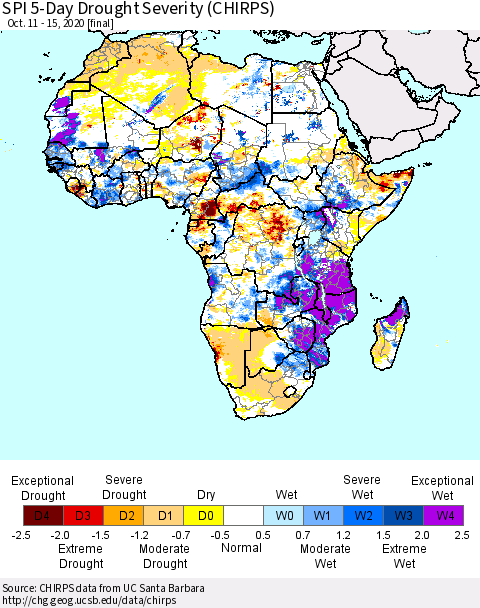 Africa SPI 5-Day Drought Severity (CHIRPS) Thematic Map For 10/11/2020 - 10/15/2020
