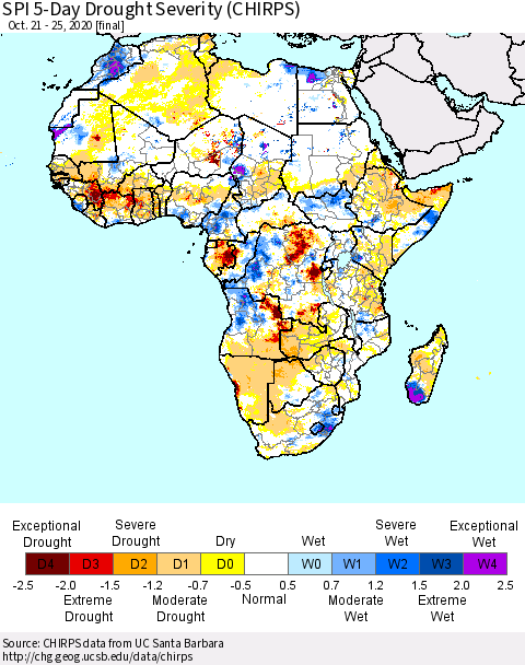 Africa SPI 5-Day Drought Severity (CHIRPS) Thematic Map For 10/21/2020 - 10/25/2020