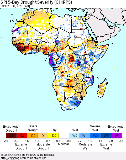 Africa SPI 5-Day Drought Severity (CHIRPS) Thematic Map For 10/26/2020 - 10/31/2020