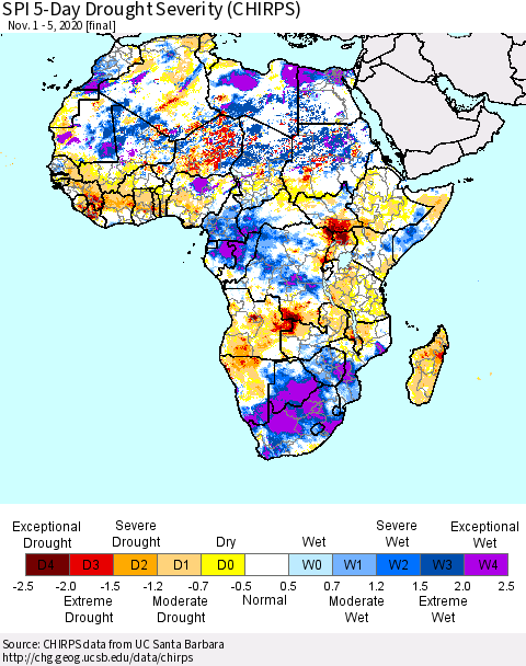 Africa SPI 5-Day Drought Severity (CHIRPS) Thematic Map For 11/1/2020 - 11/5/2020