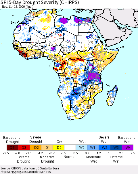 Africa SPI 5-Day Drought Severity (CHIRPS) Thematic Map For 11/11/2020 - 11/15/2020