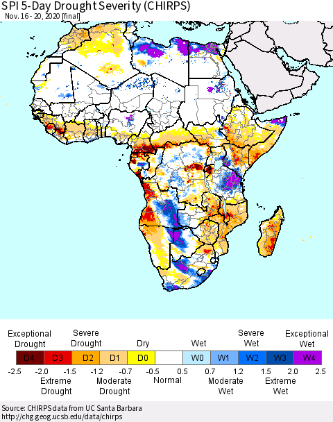 Africa SPI 5-Day Drought Severity (CHIRPS) Thematic Map For 11/16/2020 - 11/20/2020