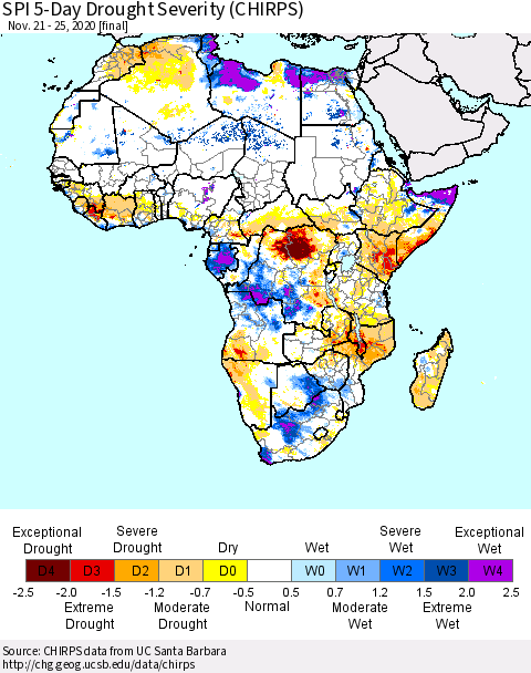 Africa SPI 5-Day Drought Severity (CHIRPS) Thematic Map For 11/21/2020 - 11/25/2020