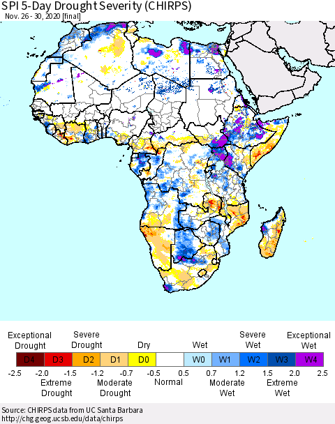 Africa SPI 5-Day Drought Severity (CHIRPS) Thematic Map For 11/26/2020 - 11/30/2020