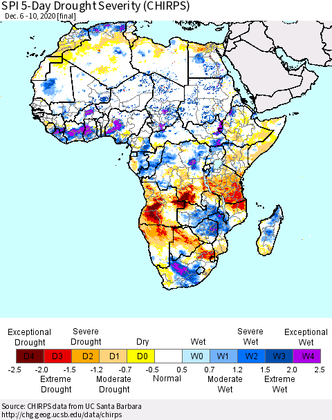Africa SPI 5-Day Drought Severity (CHIRPS) Thematic Map For 12/6/2020 - 12/10/2020