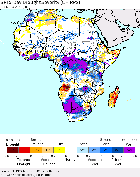 Africa SPI 5-Day Drought Severity (CHIRPS) Thematic Map For 1/1/2021 - 1/5/2021