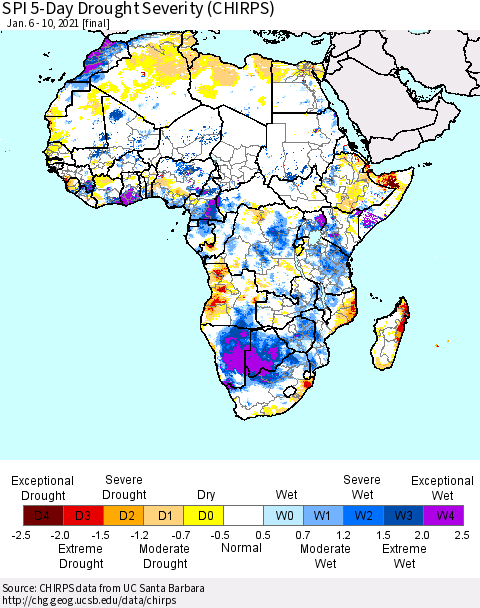 Africa SPI 5-Day Drought Severity (CHIRPS) Thematic Map For 1/6/2021 - 1/10/2021