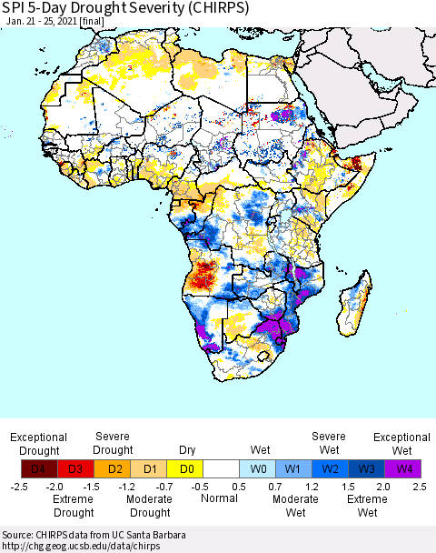 Africa SPI 5-Day Drought Severity (CHIRPS) Thematic Map For 1/21/2021 - 1/25/2021