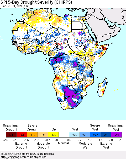 Africa SPI 5-Day Drought Severity (CHIRPS) Thematic Map For 1/26/2021 - 1/31/2021