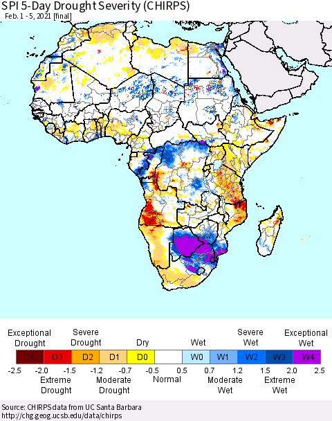 Africa SPI 5-Day Drought Severity (CHIRPS) Thematic Map For 2/1/2021 - 2/5/2021