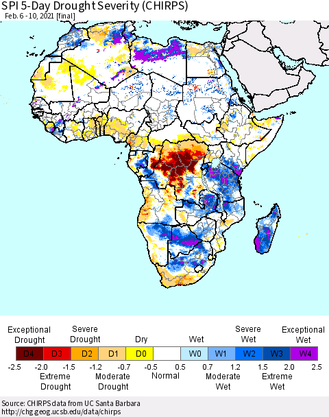 Africa SPI 5-Day Drought Severity (CHIRPS) Thematic Map For 2/6/2021 - 2/10/2021