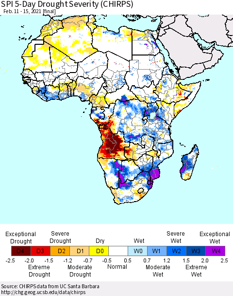 Africa SPI 5-Day Drought Severity (CHIRPS) Thematic Map For 2/11/2021 - 2/15/2021