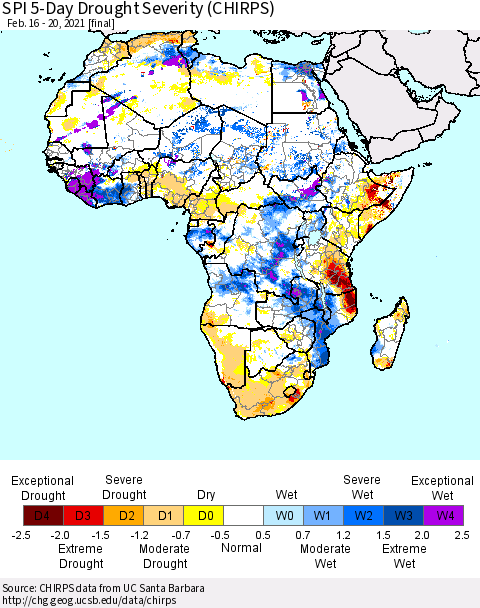 Africa SPI 5-Day Drought Severity (CHIRPS) Thematic Map For 2/16/2021 - 2/20/2021