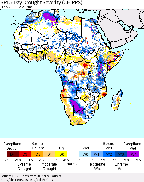 Africa SPI 5-Day Drought Severity (CHIRPS) Thematic Map For 2/21/2021 - 2/25/2021