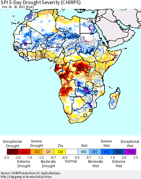 Africa SPI 5-Day Drought Severity (CHIRPS) Thematic Map For 2/26/2021 - 2/28/2021