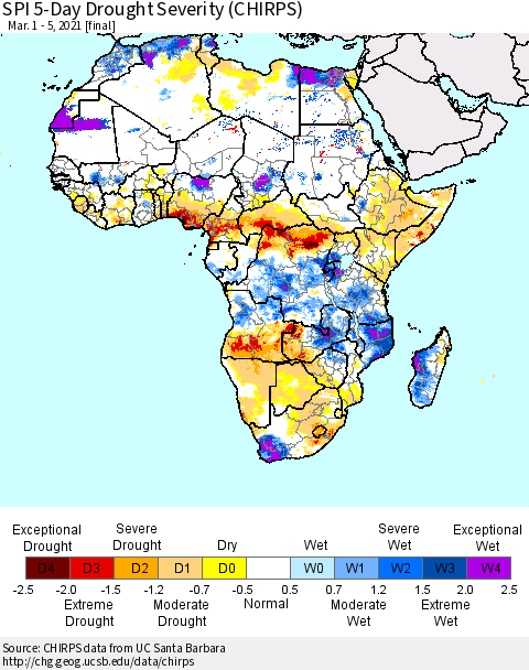 Africa SPI 5-Day Drought Severity (CHIRPS) Thematic Map For 3/1/2021 - 3/5/2021
