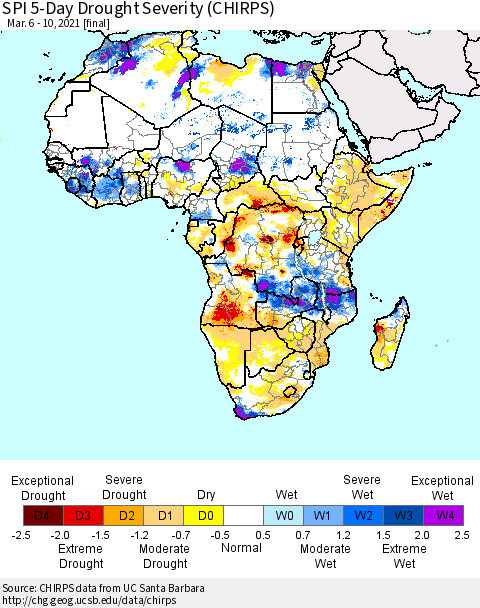 Africa SPI 5-Day Drought Severity (CHIRPS) Thematic Map For 3/6/2021 - 3/10/2021