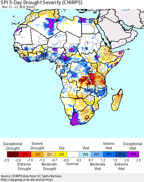 Africa SPI 5-Day Drought Severity (CHIRPS) Thematic Map For 3/11/2021 - 3/15/2021