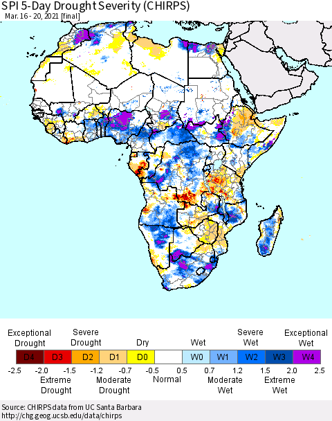 Africa SPI 5-Day Drought Severity (CHIRPS) Thematic Map For 3/16/2021 - 3/20/2021
