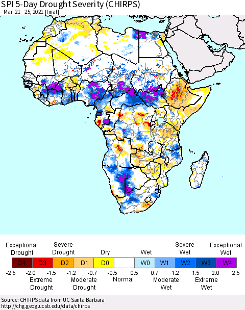 Africa SPI 5-Day Drought Severity (CHIRPS) Thematic Map For 3/21/2021 - 3/25/2021