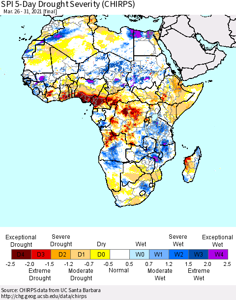 Africa SPI 5-Day Drought Severity (CHIRPS) Thematic Map For 3/26/2021 - 3/31/2021