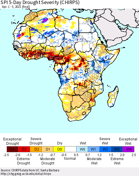 Africa SPI 5-Day Drought Severity (CHIRPS) Thematic Map For 4/1/2021 - 4/5/2021