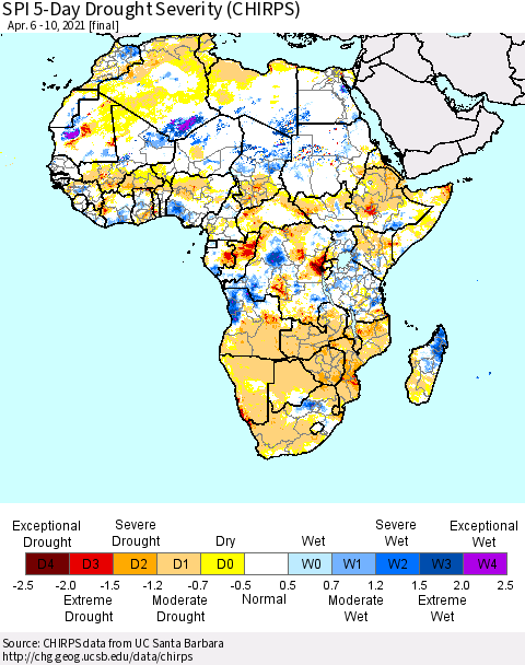 Africa SPI 5-Day Drought Severity (CHIRPS) Thematic Map For 4/6/2021 - 4/10/2021
