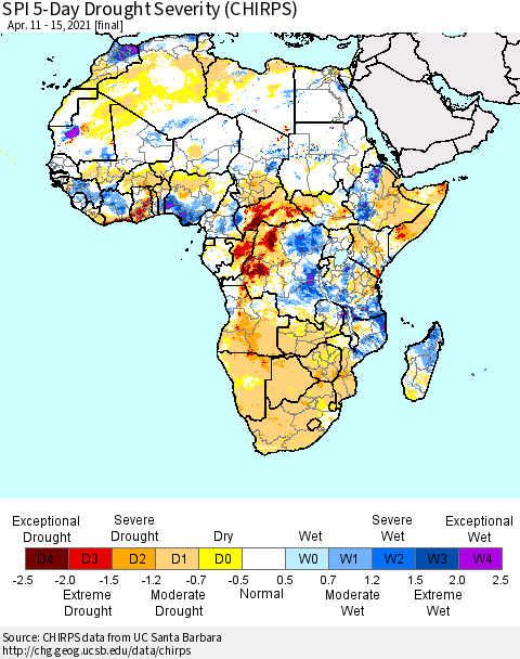 Africa SPI 5-Day Drought Severity (CHIRPS) Thematic Map For 4/11/2021 - 4/15/2021