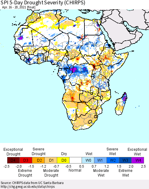 Africa SPI 5-Day Drought Severity (CHIRPS) Thematic Map For 4/16/2021 - 4/20/2021