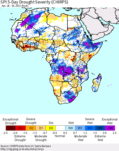 Africa SPI 5-Day Drought Severity (CHIRPS) Thematic Map For 4/26/2021 - 4/30/2021