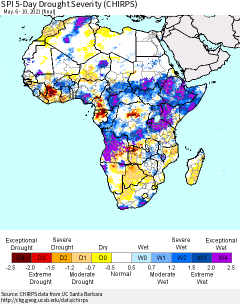Africa SPI 5-Day Drought Severity (CHIRPS) Thematic Map For 5/6/2021 - 5/10/2021