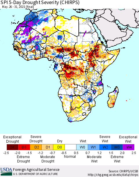 Africa SPI 5-Day Drought Severity (CHIRPS) Thematic Map For 5/26/2021 - 5/31/2021