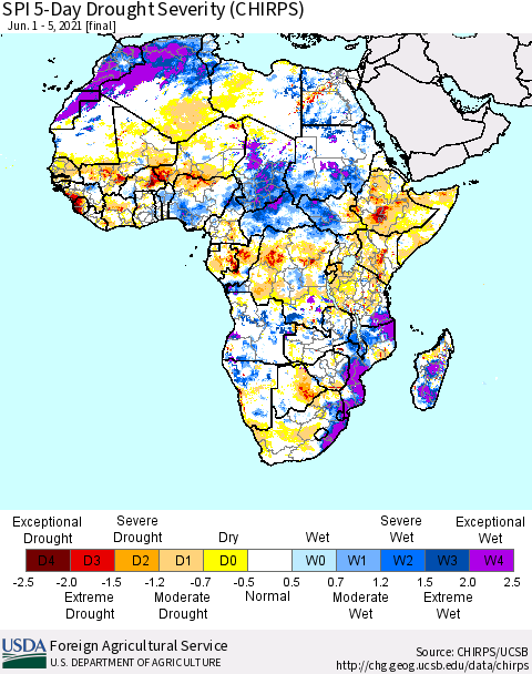Africa SPI 5-Day Drought Severity (CHIRPS) Thematic Map For 6/1/2021 - 6/5/2021