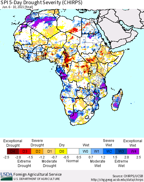 Africa SPI 5-Day Drought Severity (CHIRPS) Thematic Map For 6/6/2021 - 6/10/2021