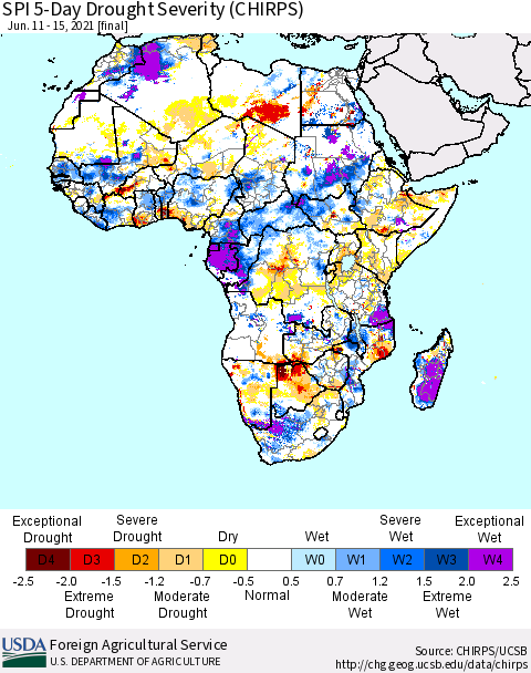 Africa SPI 5-Day Drought Severity (CHIRPS) Thematic Map For 6/11/2021 - 6/15/2021