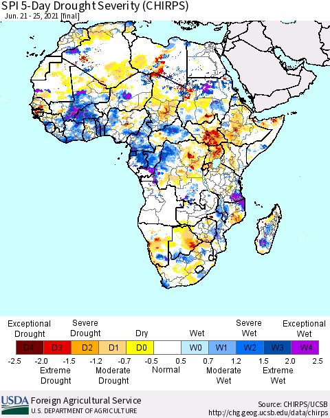 Africa SPI 5-Day Drought Severity (CHIRPS) Thematic Map For 6/21/2021 - 6/25/2021