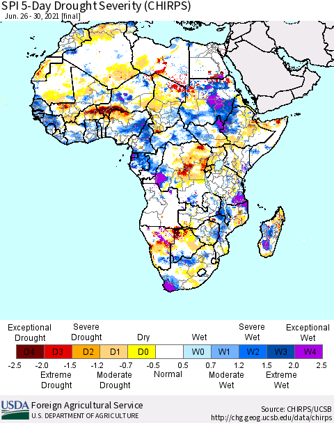 Africa SPI 5-Day Drought Severity (CHIRPS) Thematic Map For 6/26/2021 - 6/30/2021
