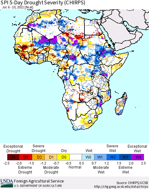 Africa SPI 5-Day Drought Severity (CHIRPS) Thematic Map For 7/6/2021 - 7/10/2021