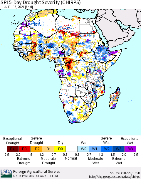 Africa SPI 5-Day Drought Severity (CHIRPS) Thematic Map For 7/11/2021 - 7/15/2021