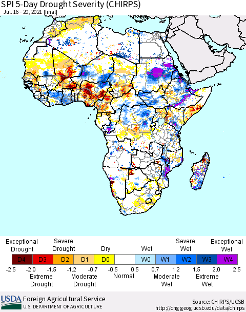 Africa SPI 5-Day Drought Severity (CHIRPS) Thematic Map For 7/16/2021 - 7/20/2021