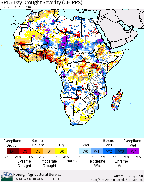 Africa SPI 5-Day Drought Severity (CHIRPS) Thematic Map For 7/21/2021 - 7/25/2021