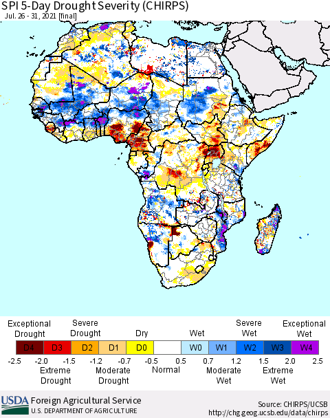 Africa SPI 5-Day Drought Severity (CHIRPS) Thematic Map For 7/26/2021 - 7/31/2021