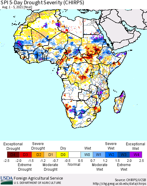 Africa SPI 5-Day Drought Severity (CHIRPS) Thematic Map For 8/1/2021 - 8/5/2021