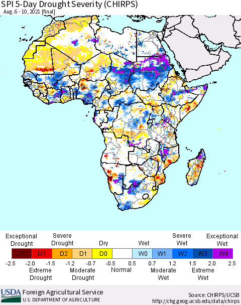 Africa SPI 5-Day Drought Severity (CHIRPS) Thematic Map For 8/6/2021 - 8/10/2021