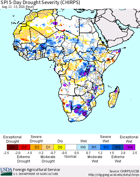 Africa SPI 5-Day Drought Severity (CHIRPS) Thematic Map For 8/11/2021 - 8/15/2021
