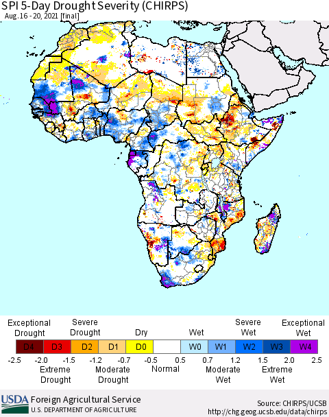 Africa SPI 5-Day Drought Severity (CHIRPS) Thematic Map For 8/16/2021 - 8/20/2021