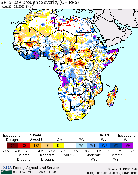 Africa SPI 5-Day Drought Severity (CHIRPS) Thematic Map For 8/21/2021 - 8/25/2021