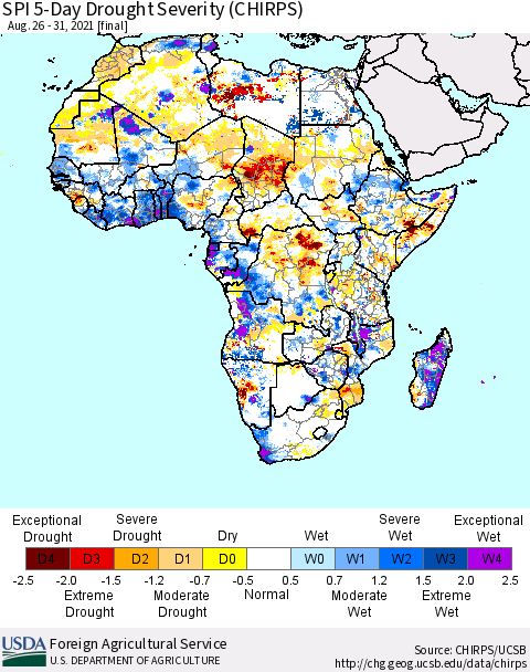 Africa SPI 5-Day Drought Severity (CHIRPS) Thematic Map For 8/26/2021 - 8/31/2021