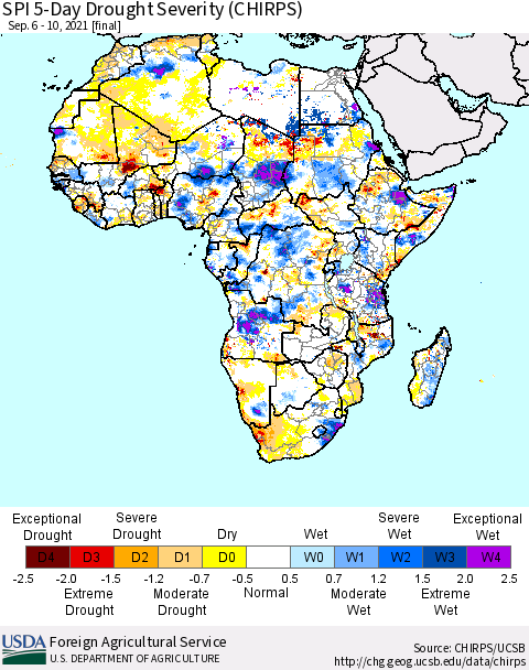 Africa SPI 5-Day Drought Severity (CHIRPS) Thematic Map For 9/6/2021 - 9/10/2021